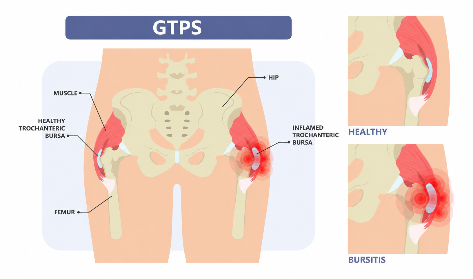 Illustration of the hip showing the greater trochanter and comparison of a healthy and inflamed trochanteric bursa